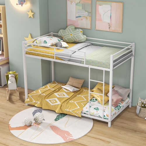 Topbuy Metal Bunk Bed Twin over Twin Low-Profile Bunk Bed Frame with Full Length Guardrail & Ladder Space-saving Twin Size Bed Black/Sliver/White