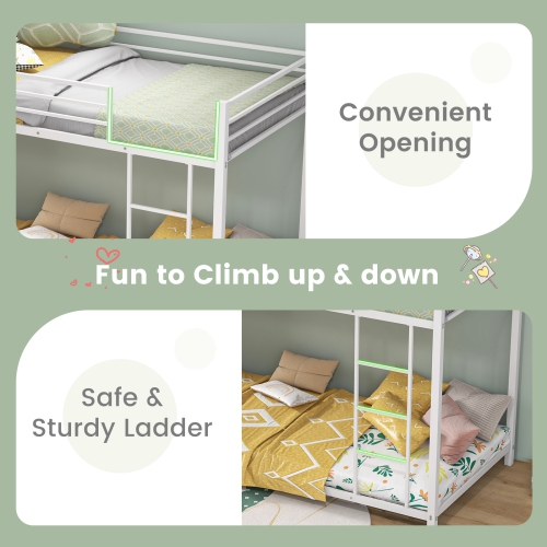 Topbuy Metal Bunk Bed Twin over Twin Low-Profile Bunk Bed Frame with Full Length Guardrail & Ladder Space-saving Twin Size Bed Black/Sliver/White
