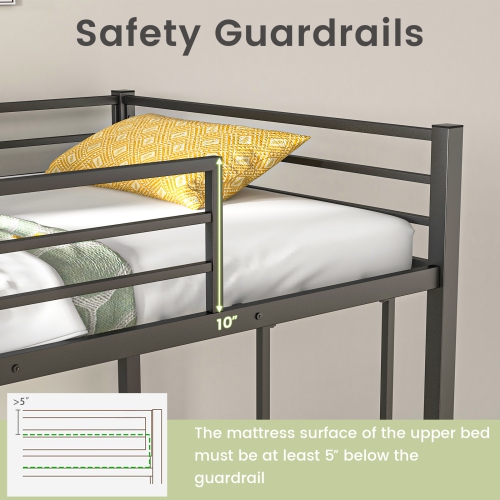 Topbuy Metal Bunk Bed Twin over Twin Low-Profile Bunk Bed Frame with Full Length Guardrail & Ladder Space-saving Twin Size Bed Black/Sliver/White