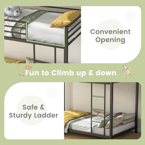 Topbuy Metal Bunk Bed Twin over Twin Low-Profile Bunk Bed Frame with Full Length Guardrail & Ladder Space-saving Twin Size Bed Black/Sliver/White