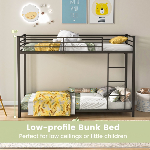 Topbuy Metal Bunk Bed Twin over Twin Low-Profile Bunk Bed Frame with Full Length Guardrail & Ladder Space-saving Twin Size Bed Black/Sliver/White