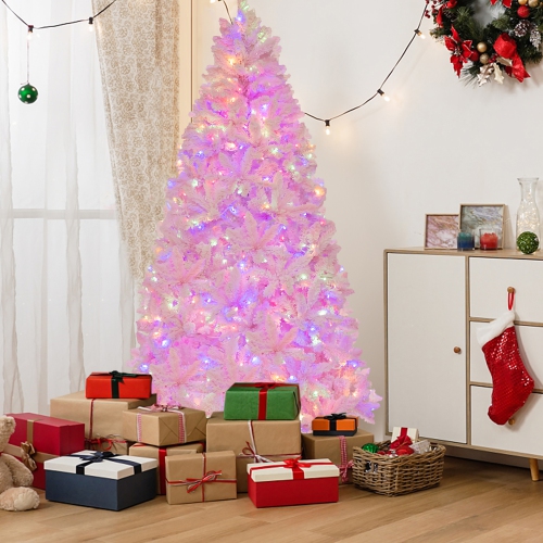 Gymax 7 FT Pre-Lit Artificial Christmas Tree Lighted Pink Snow Flocked Xmas Tree w/1200 Branch Tips & 500 LED Lights