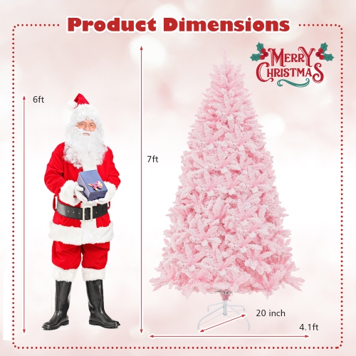 Gymax 7 FT Pre-Lit Artificial Christmas Tree Lighted Pink Snow Flocked Xmas Tree w/1200 Branch Tips & 500 LED Lights