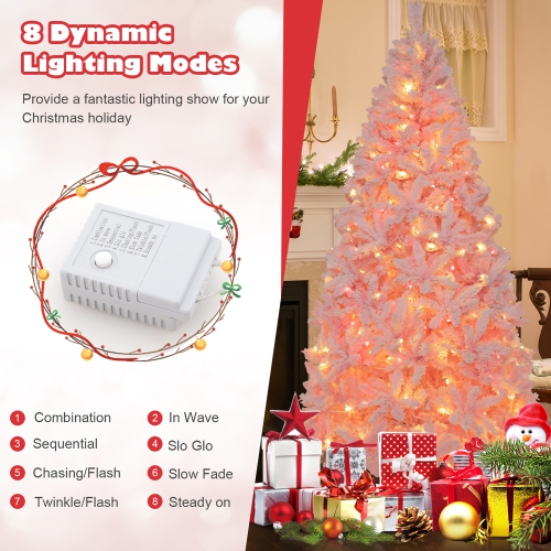 Gymax 7 FT Pre-Lit Artificial Christmas Tree Lighted Pink Snow Flocked Xmas Tree w/1200 Branch Tips & 500 LED Lights