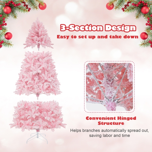 Gymax 7 FT Pre-Lit Artificial Christmas Tree Lighted Pink Snow Flocked Xmas Tree w/1200 Branch Tips & 500 LED Lights