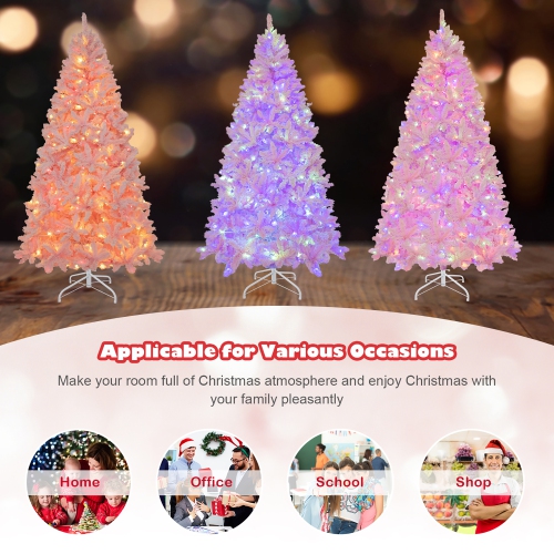 Gymax 7 FT Pre-Lit Artificial Christmas Tree Lighted Pink Snow Flocked Xmas Tree w/1200 Branch Tips & 500 LED Lights