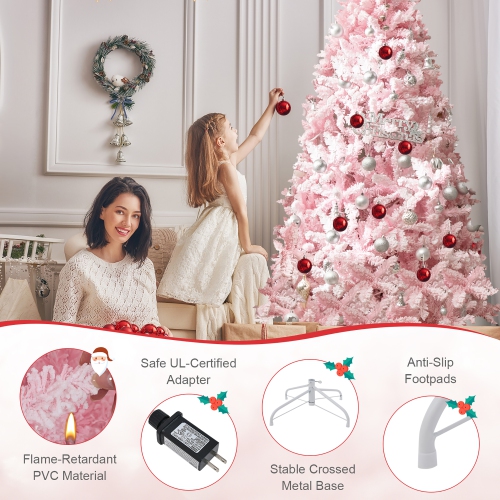 Gymax 7 FT Pre-Lit Artificial Christmas Tree Lighted Pink Snow Flocked Xmas Tree w/1200 Branch Tips & 500 LED Lights