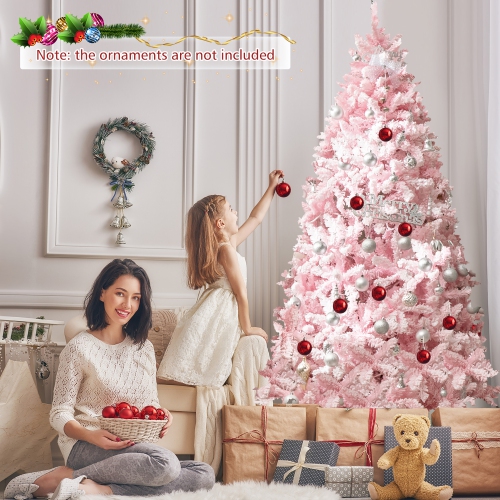 Gymax 7 FT Pre-Lit Artificial Christmas Tree Lighted Pink Snow Flocked Xmas Tree w/1200 Branch Tips & 500 LED Lights