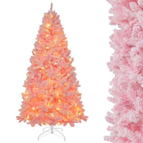Gymax 7 FT Pre-Lit Artificial Christmas Tree Lighted Pink Snow Flocked Xmas Tree w/1200 Branch Tips & 500 LED Lights