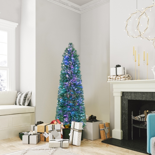 GYMAX  5 Ft Fiber Optic Artificial Christmas Tree Slim Pencil Xmas Tree W/ Colorful Lights & 361 Branch Tips