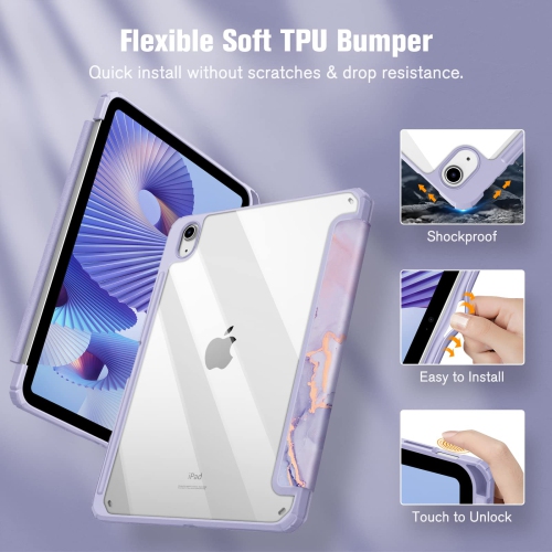 Hybrid Slim Case for iPad 10th Generation 10.9 Inch Tablet - Built-in Pencil Holder Shockproof Cover with Clear Transparent Back Shell, Auto