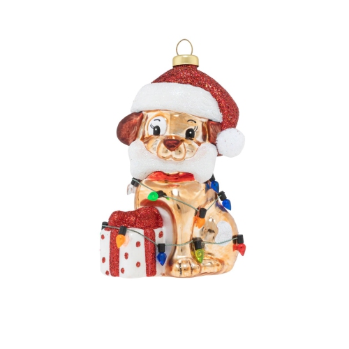 KAT ANNIE  4.5" Puppy Present With Santa Hat Christmas Ornament