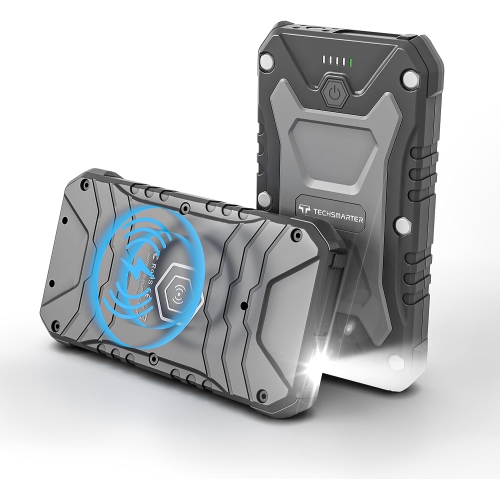 TECHSMARTER Rugged and Waterproof 10000mAh & 15W Wireless Charging Portable Charger Power Bank. Compatible with iPhone, iPads, Samsung, Androids