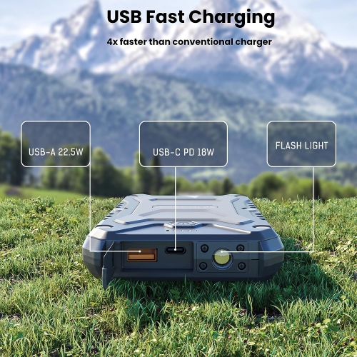 TECHSMARTER Rugged and Waterproof 10000mAh & 15W Wireless Charging Portable Charger Power Bank. Compatible with iPhone, iPads, Samsung, Androids