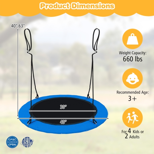 Topbuy 40" Flying Saucer Tree Swing 660 lbs Capacity Outdoor Swing with Multi-colored LED Lights - 3/8 Light Modes Hanging Round Swing Rainbow/Navy