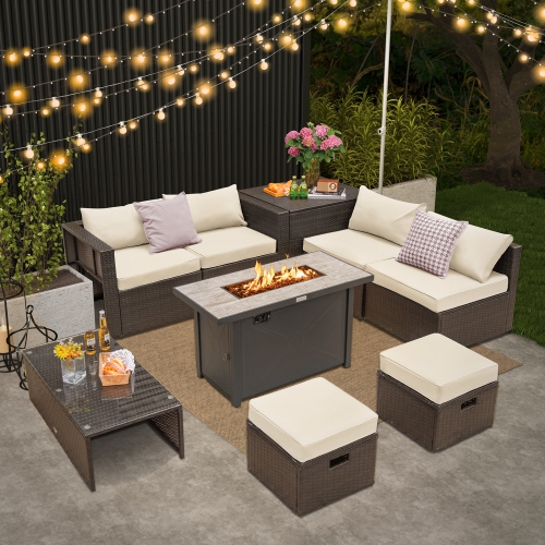Topbuy 9 Pieces Outdoor Patio Furniture Set with 42" Propane Fire Pit Table Outdoor PE Wicker Space-Saving Sectional Sofa Set