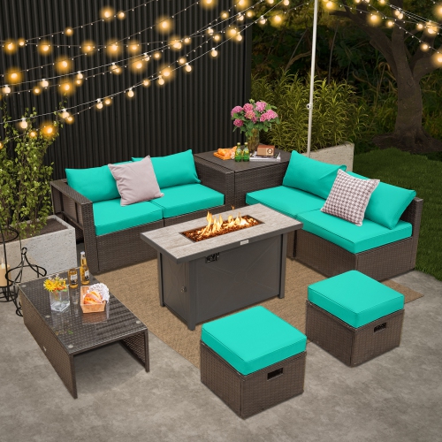 Topbuy 9 Pieces Outdoor Patio Furniture Set with 42" Propane Fire Pit Table Outdoor PE Wicker Space-Saving Sectional Sofa Set