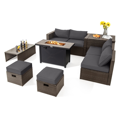 TOPBUY  9 Pieces Outdoor Patio Furniture Set \w 42" Propane Fire Pit Table Outdoor Pe Wicker Space-Saving Sectional Sofa Set