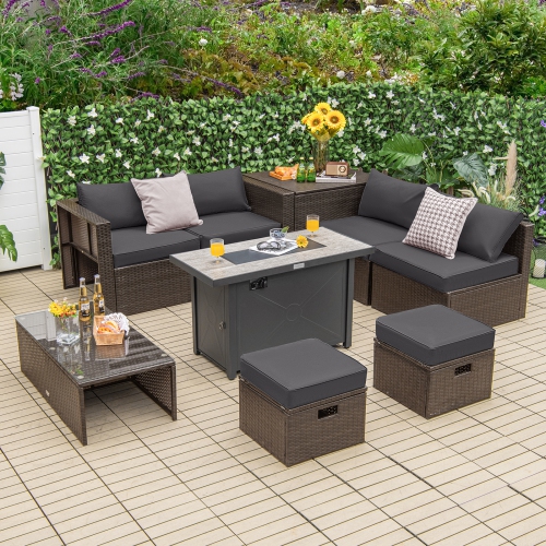 Topbuy 9 Pieces Outdoor Patio Furniture Set with 42" Propane Fire Pit Table Outdoor PE Wicker Space-Saving Sectional Sofa Set