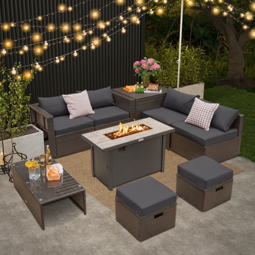 Topbuy 9 Pieces Outdoor Patio Furniture Set with 42" Propane Fire Pit Table Outdoor PE Wicker Space-Saving Sectional Sofa Set