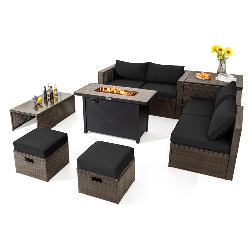 TopBuy – Ensemble de meubles de patio extérieur 9 pièces avec table à foyer au propane 42 po, osier polyéthylène, sofa modulaire, noir/gris/bleu mari