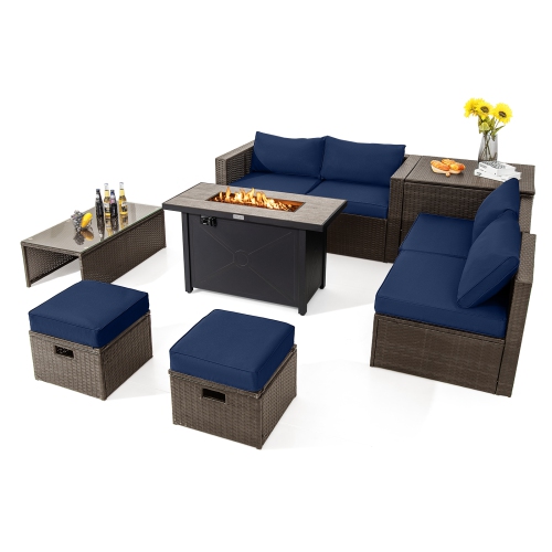 TOPBUY  9 Pieces Outdoor Patio Furniture Set \w 42" Propane Fire Pit Table Outdoor Pe Wicker Space-Saving Sectional Sofa Set