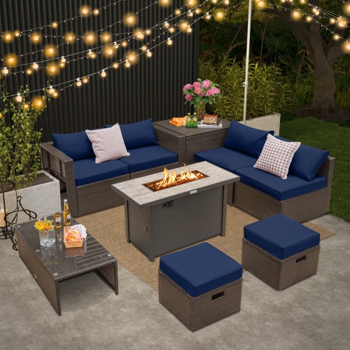 Topbuy 9 Pieces Outdoor Patio Furniture Set with 42" Propane Fire Pit Table Outdoor PE Wicker Space-Saving Sectional Sofa Set