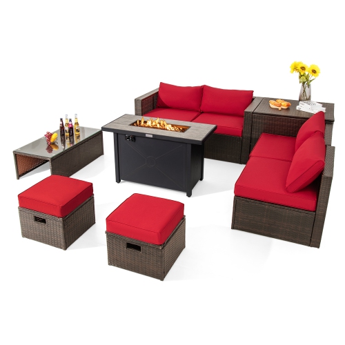 TOPBUY  9 Pieces Outdoor Patio Furniture Set \w 42" Propane Fire Pit Table Outdoor Pe Wicker Space-Saving Sectional Sofa Set