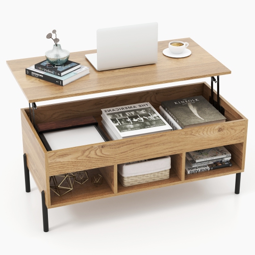 Image 1 de 10.. Table basse à dessus relevable Topbuy avec table centrale à pattes en métal avec compartiment dissimulé et 3 compartiments ouverts table de travail