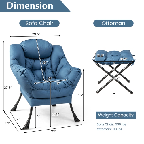 Topbuy Lazy Chair with Ottoman Modern Leisure Reading Chair with Pillow Armrests Side Pocket & Footrest Beige/Grey/Blue