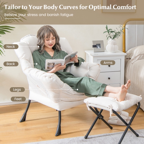 Topbuy Lazy Chair with Ottoman Modern Leisure Reading Chair with Pillow Armrests Side Pocket & Footrest Beige/Grey/Blue