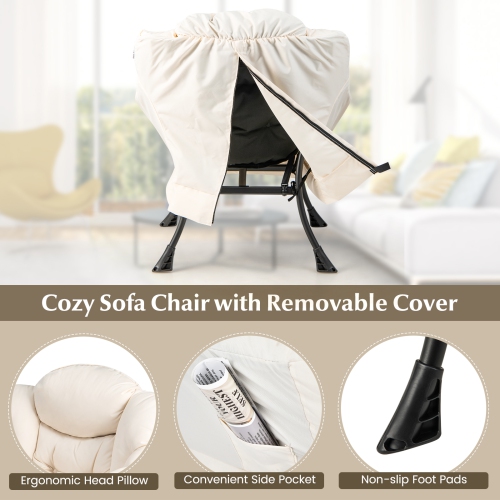 Topbuy Lazy Chair with Ottoman Modern Leisure Reading Chair with Pillow Armrests Side Pocket & Footrest Beige/Grey/Blue