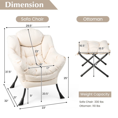 Topbuy Lazy Chair with Ottoman Modern Leisure Reading Chair with Pillow Armrests Side Pocket & Footrest Beige/Grey/Blue