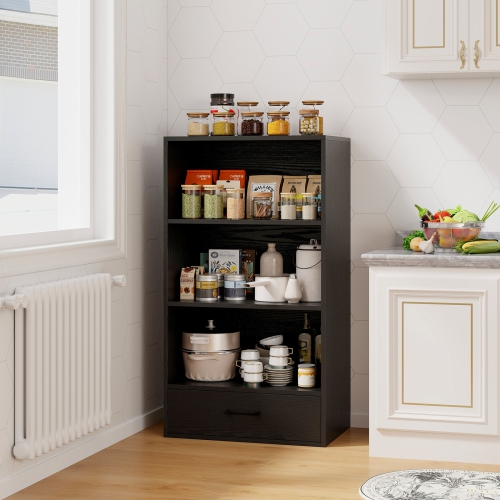 Topbuy 4-Tier Bookcase w/Storage Drawer Modern Storage Shelf w/3-Tier Open Shelf Freestanding Display Shelf Grey/Natural/White