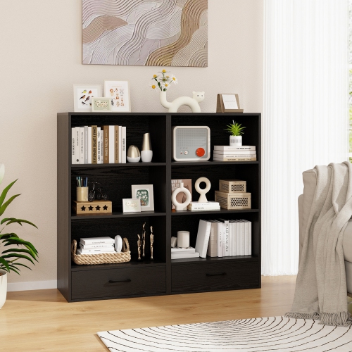 Topbuy 4-Tier Bookcase w/Storage Drawer Modern Storage Shelf w/3-Tier Open Shelf Freestanding Display Shelf Grey/Natural/White