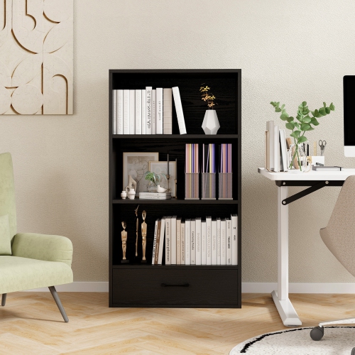 Topbuy 4-Tier Bookcase w/Storage Drawer Modern Storage Shelf w/3-Tier Open Shelf Freestanding Display Shelf Grey/Natural/White