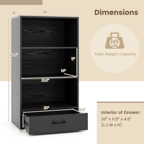 Topbuy 4-Tier Bookcase w/Storage Drawer Modern Storage Shelf w/3-Tier Open Shelf Freestanding Display Shelf Grey/Natural/White