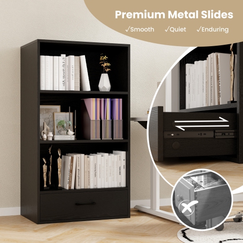 Topbuy 4-Tier Bookcase w/Storage Drawer Modern Storage Shelf w/3-Tier Open Shelf Freestanding Display Shelf Grey/Natural/White