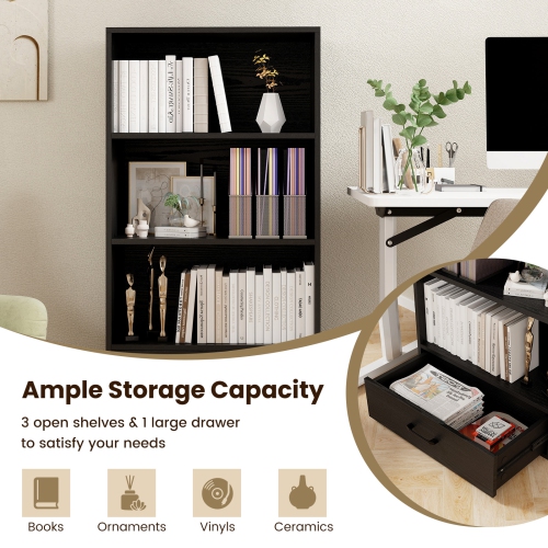 Topbuy 4-Tier Bookcase w/Storage Drawer Modern Storage Shelf w/3-Tier Open Shelf Freestanding Display Shelf Grey/Natural/White