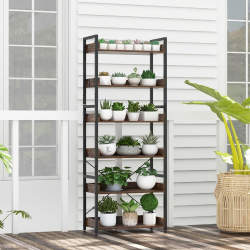 Topbuy 6-Tier Bookshelf with 4 Hooks Industrial Storage Bookcase Tall Freestanding Display Shelf with Anti-tipping Device