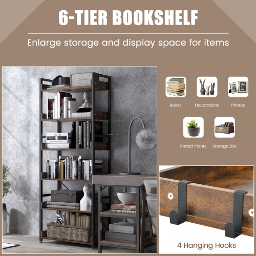 Topbuy 6-Tier Bookshelf with 4 Hooks Industrial Storage Bookcase Tall Freestanding Display Shelf with Anti-tipping Device