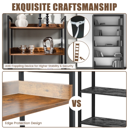 Topbuy 6-Tier Bookshelf with 4 Hooks Industrial Storage Bookcase Tall Freestanding Display Shelf with Anti-tipping Device