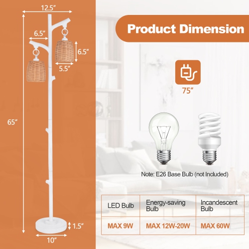 Gymax Dimmable Floor Lamp 2 Light Tree Trunk Wicker Shade Wood Grain Tube Living Room