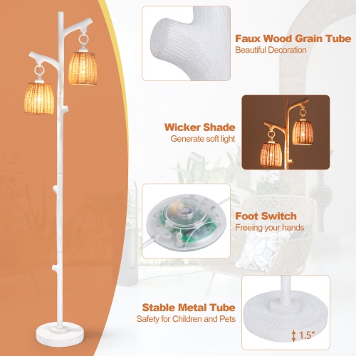 Gymax Dimmable Floor Lamp 2 Light Tree Trunk Wicker Shade Wood Grain Tube Living Room