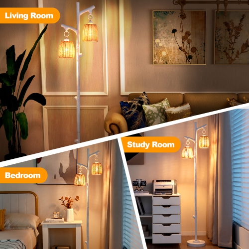 Gymax Dimmable Floor Lamp 2 Light Tree Trunk Wicker Shade Wood Grain Tube Living Room