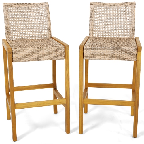 GYMAX  Wicker Bar Stools Set Of 2 Patio Chairs W/ Solid Wood Frame Ergonomic Footrest In Light Brown