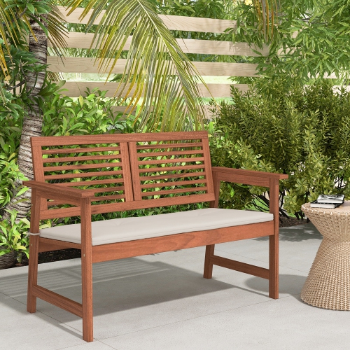 Gymax Outdoor Bench with Cushion 2-Person Patio Bench w/Slatted Back & Seat Garden Backyard Balcony