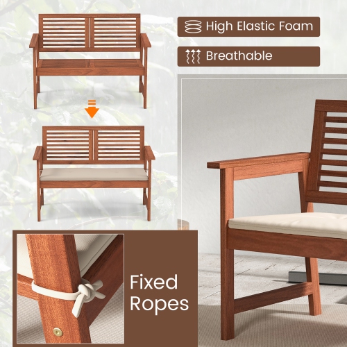 Gymax Outdoor Bench with Cushion 2-Person Patio Bench w/Slatted Back & Seat Garden Backyard Balcony