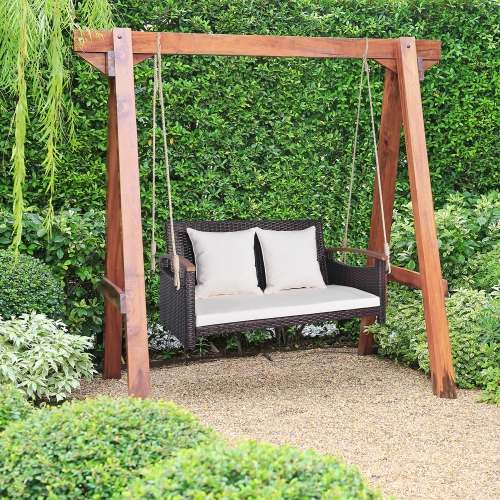 Gymax 2-seater hanging swing porch swing PE wicker swing outdoor hanging swing garden poolside