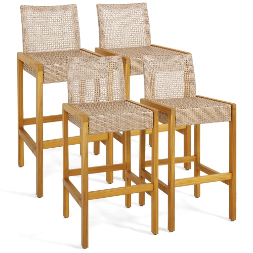 GYMAX  Wicker Bar Stools Set Of 4 Patio Chairs W/ Solid Wood Frame & Ergonomic Footrest In Light Brown